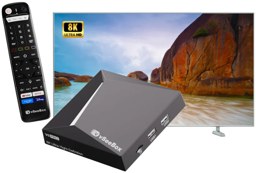 vSeeBox V6 Pro streaming box with remote and 8K TV